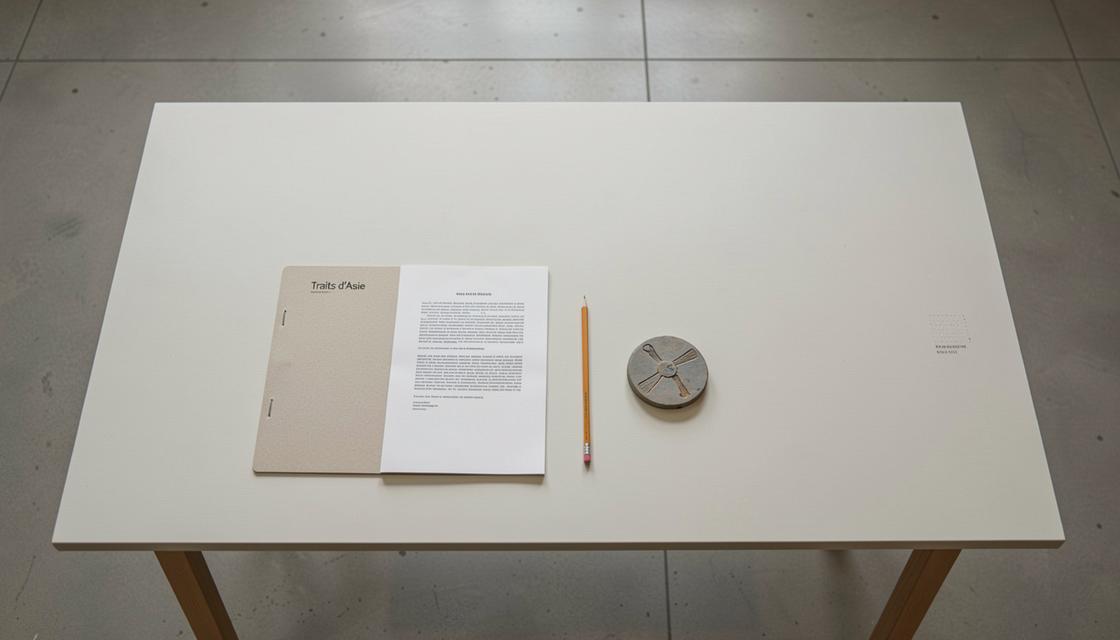 Fonds d’archives artistiques avec chemises neutres, boîte de conservation et catalogue fermé, sans texte lisible.
