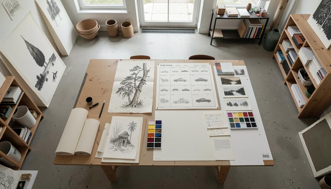 Atelier d’artiste avec œuvres sur papier, dossier de transport et table de travail, sans visage ni texte lisible.