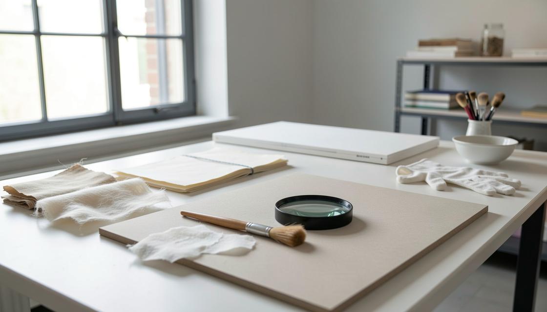 Table de conservation du papier avec loupe, pinceau doux, fibres et gants de coton, sans texte lisible.