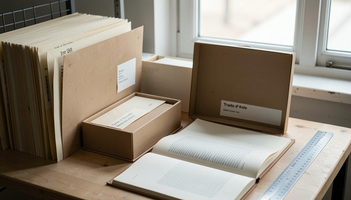 Fonds d’archives artistiques avec chemises neutres, boîte de conservation et catalogue fermé, sans texte lisible.
